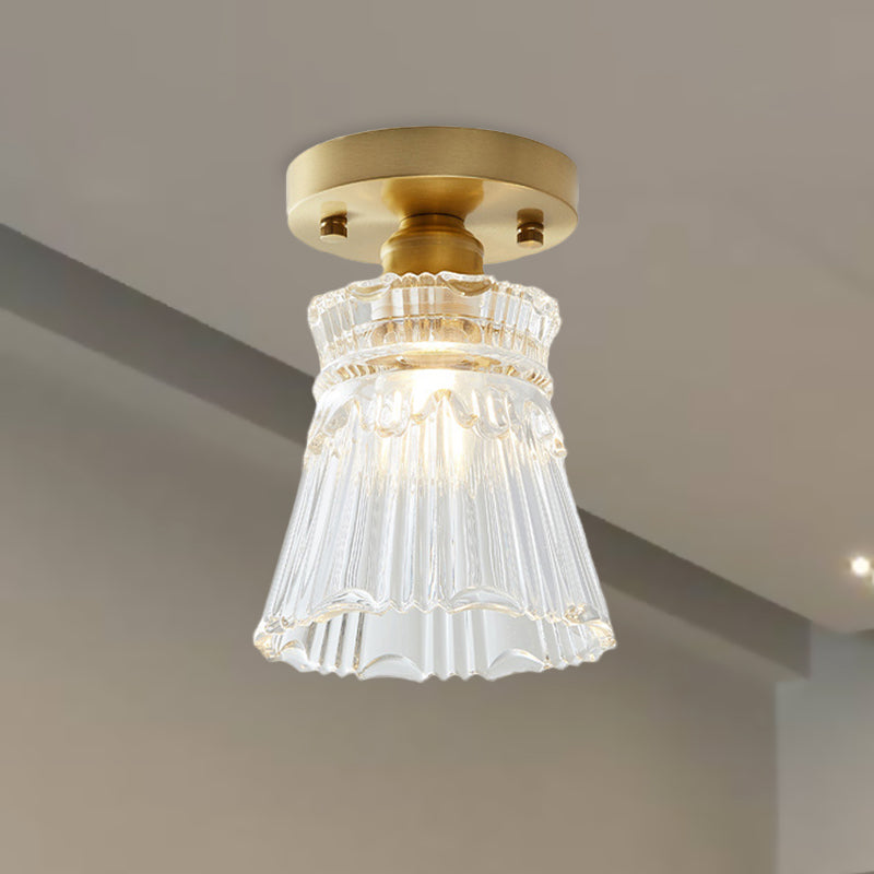 Single Bulb Semi Flush Mount Industrial Cone Clear Textured Glass Ceiling Light in Brass for Living Room Clearhalo 'Ceiling Lights' 'Close To Ceiling Lights' 'Close to ceiling' 'Flush mount' 'Industrial Flush Mount' Lighting' 767244