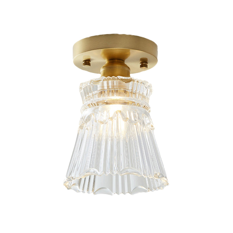 Single Bulb Semi Flush Mount Industrial Cone Clear Textured Glass Ceiling Light in Brass for Living Room Clearhalo 'Ceiling Lights' 'Close To Ceiling Lights' 'Close to ceiling' 'Flush mount' 'Industrial Flush Mount' Lighting' 767245