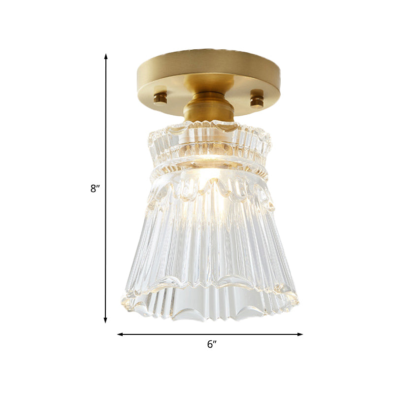 Single Bulb Semi Flush Mount Industrial Cone Clear Textured Glass Ceiling Light in Brass for Living Room Clearhalo 'Ceiling Lights' 'Close To Ceiling Lights' 'Close to ceiling' 'Flush mount' 'Industrial Flush Mount' Lighting' 767246