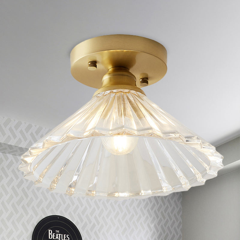 Single Bulb Semi Flush Mount Industrial Cone Clear Textured Glass Ceiling Light in Brass for Living Room Brass A Clearhalo 'Ceiling Lights' 'Close To Ceiling Lights' 'Close to ceiling' 'Flush mount' 'Industrial Flush Mount' Lighting' 767247
