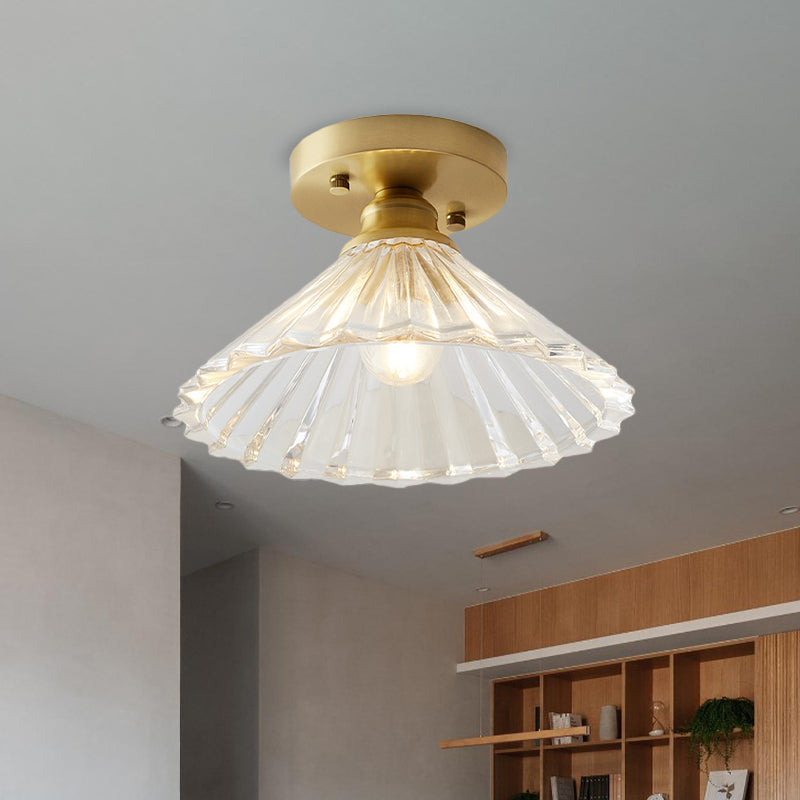 Single Bulb Semi Flush Mount Industrial Cone Clear Textured Glass Ceiling Light in Brass for Living Room Clearhalo 'Ceiling Lights' 'Close To Ceiling Lights' 'Close to ceiling' 'Flush mount' 'Industrial Flush Mount' Lighting' 767248