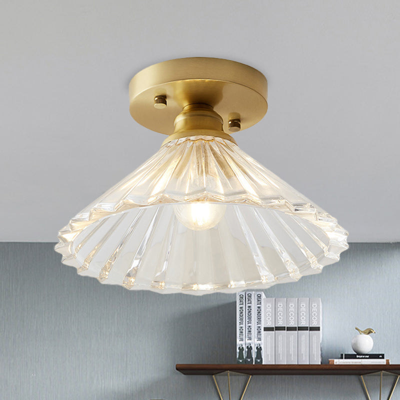 Single Bulb Semi Flush Mount Industrial Cone Clear Textured Glass Ceiling Light in Brass for Living Room Clearhalo 'Ceiling Lights' 'Close To Ceiling Lights' 'Close to ceiling' 'Flush mount' 'Industrial Flush Mount' Lighting' 767249