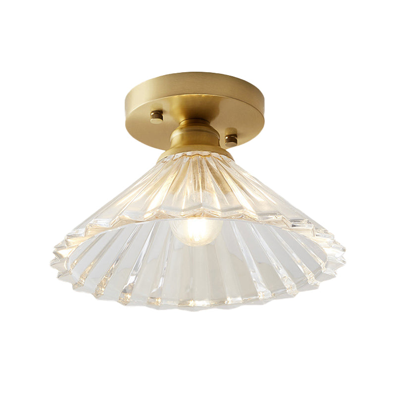 Single Bulb Semi Flush Mount Industrial Cone Clear Textured Glass Ceiling Light in Brass for Living Room Clearhalo 'Ceiling Lights' 'Close To Ceiling Lights' 'Close to ceiling' 'Flush mount' 'Industrial Flush Mount' Lighting' 767250
