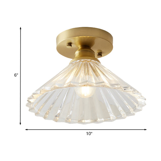 Single Bulb Semi Flush Mount Industrial Cone Clear Textured Glass Ceiling Light in Brass for Living Room Clearhalo 'Ceiling Lights' 'Close To Ceiling Lights' 'Close to ceiling' 'Flush mount' 'Industrial Flush Mount' Lighting' 767251