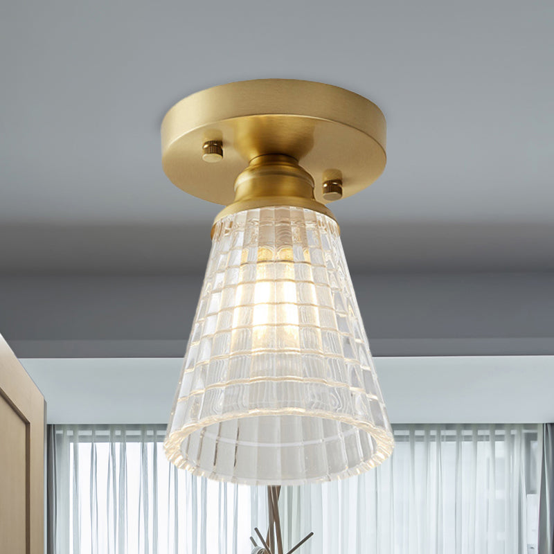 Single Bulb Semi Flush Mount Industrial Cone Clear Textured Glass Ceiling Light in Brass for Living Room Brass E Clearhalo 'Ceiling Lights' 'Close To Ceiling Lights' 'Close to ceiling' 'Flush mount' 'Industrial Flush Mount' Lighting' 767252