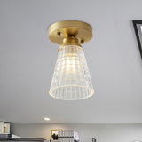 Single Bulb Semi Flush Mount Industrial Cone Clear Textured Glass Ceiling Light in Brass for Living Room Clearhalo 'Ceiling Lights' 'Close To Ceiling Lights' 'Close to ceiling' 'Flush mount' 'Industrial Flush Mount' Lighting' 767253
