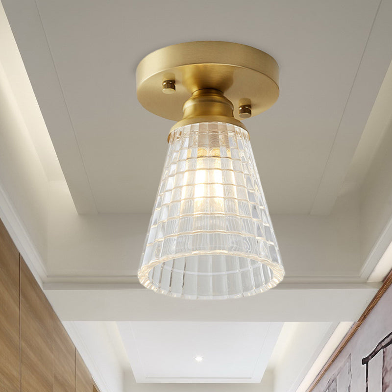 Single Bulb Semi Flush Mount Industrial Cone Clear Textured Glass Ceiling Light in Brass for Living Room Clearhalo 'Ceiling Lights' 'Close To Ceiling Lights' 'Close to ceiling' 'Flush mount' 'Industrial Flush Mount' Lighting' 767254