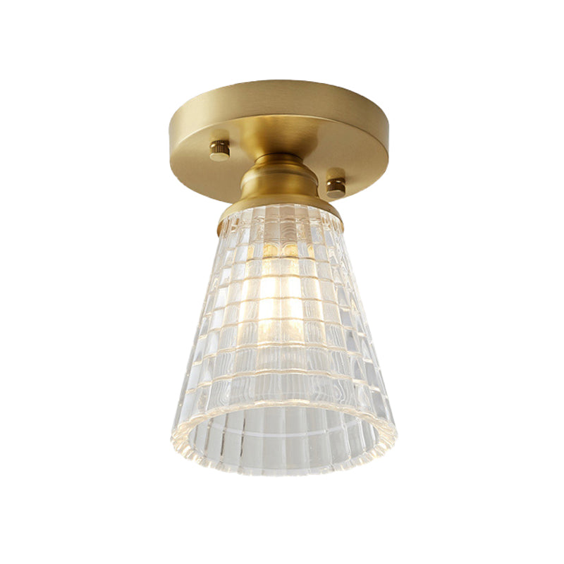 Single Bulb Semi Flush Mount Industrial Cone Clear Textured Glass Ceiling Light in Brass for Living Room Clearhalo 'Ceiling Lights' 'Close To Ceiling Lights' 'Close to ceiling' 'Flush mount' 'Industrial Flush Mount' Lighting' 767255