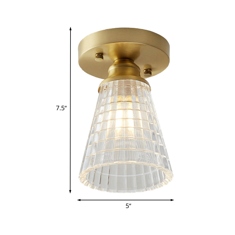 Single Bulb Semi Flush Mount Industrial Cone Clear Textured Glass Ceiling Light in Brass for Living Room Clearhalo 'Ceiling Lights' 'Close To Ceiling Lights' 'Close to ceiling' 'Flush mount' 'Industrial Flush Mount' Lighting' 767256