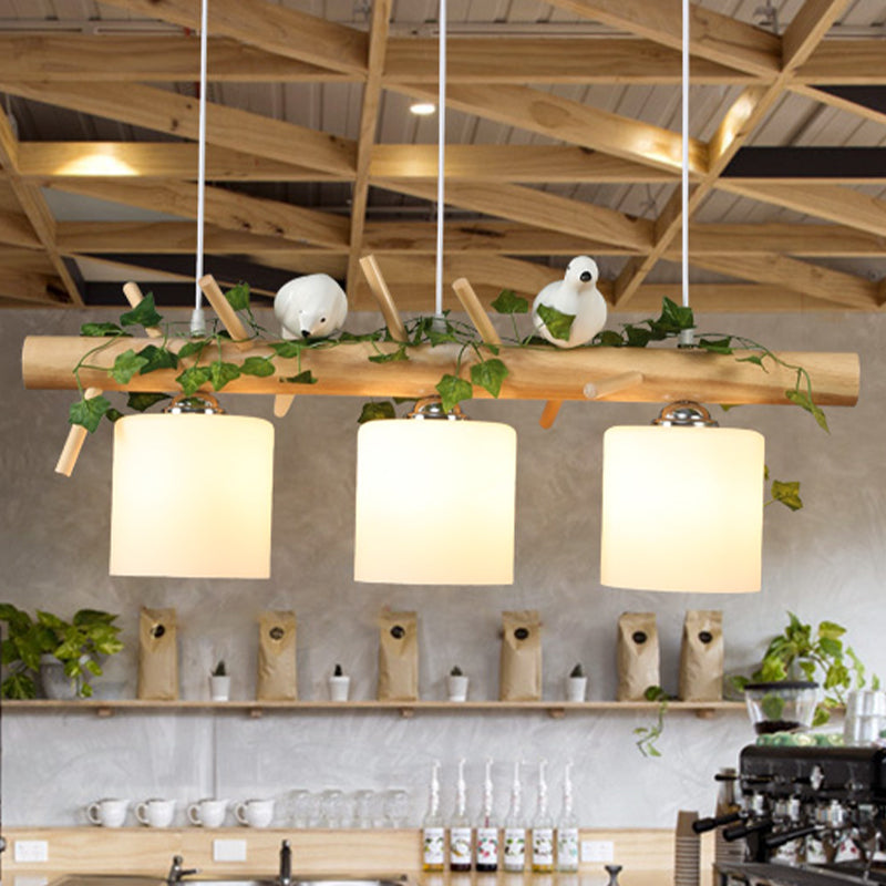 Cylinder Milky Glass Hanging Pendant Industrial 3-Light Coffee Shop Island Light Fixture with Wooden Stick and Bird White Clearhalo 'Ceiling Lights' 'Glass shade' 'Glass' 'Island Lights' Lighting' 767257