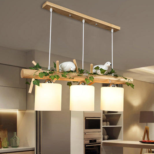 Cylinder Milky Glass Hanging Pendant Industrial 3-Light Coffee Shop Island Light Fixture with Wooden Stick and Bird Clearhalo 'Ceiling Lights' 'Glass shade' 'Glass' 'Island Lights' Lighting' 767258