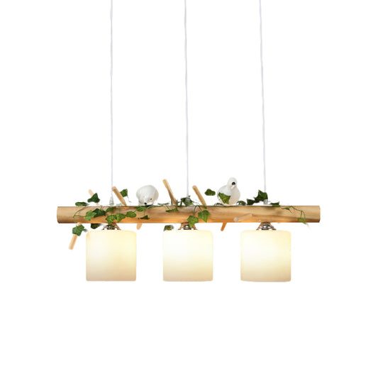 Cylinder Milky Glass Hanging Pendant Industrial 3-Light Coffee Shop Island Light Fixture with Wooden Stick and Bird Clearhalo 'Ceiling Lights' 'Glass shade' 'Glass' 'Island Lights' Lighting' 767260