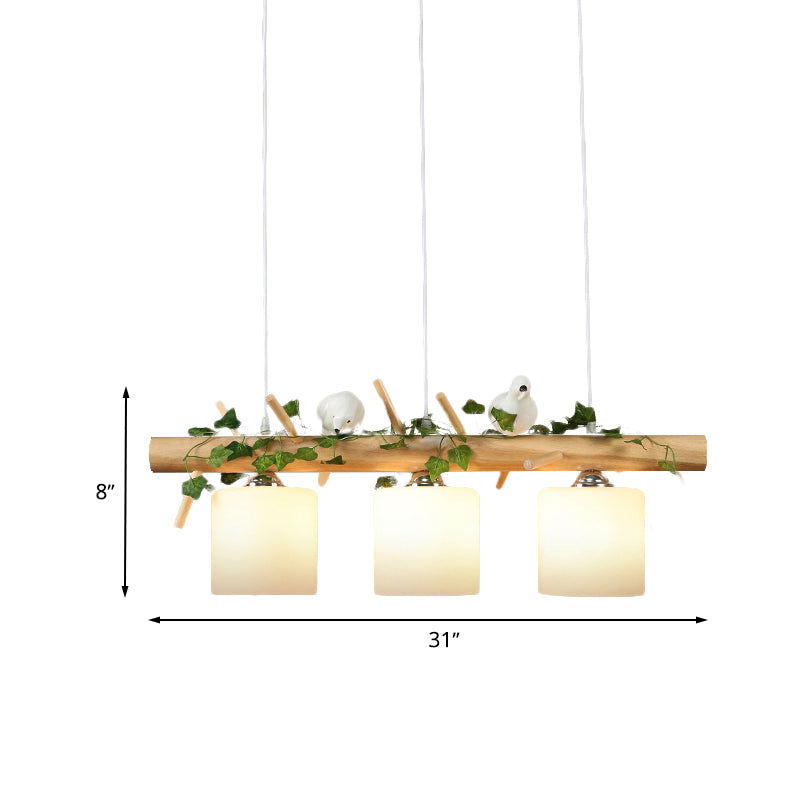 Cylinder Milky Glass Hanging Pendant Industrial 3-Light Coffee Shop Island Light Fixture with Wooden Stick and Bird Clearhalo 'Ceiling Lights' 'Glass shade' 'Glass' 'Island Lights' Lighting' 767261