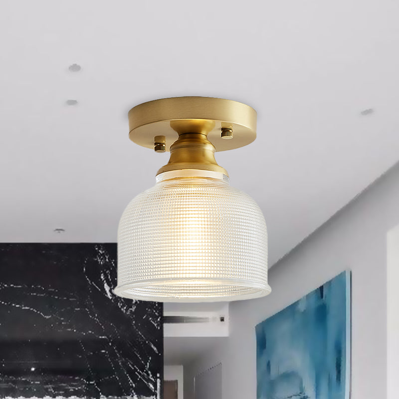 One Light Dome Semi Flush Light Industrial Brass Prismatic Glass Lighting Fixture for Living Room Clearhalo 'Ceiling Lights' 'Close To Ceiling Lights' 'Close to ceiling' 'Glass shade' 'Glass' 'Semi-flushmount' Lighting' 767263