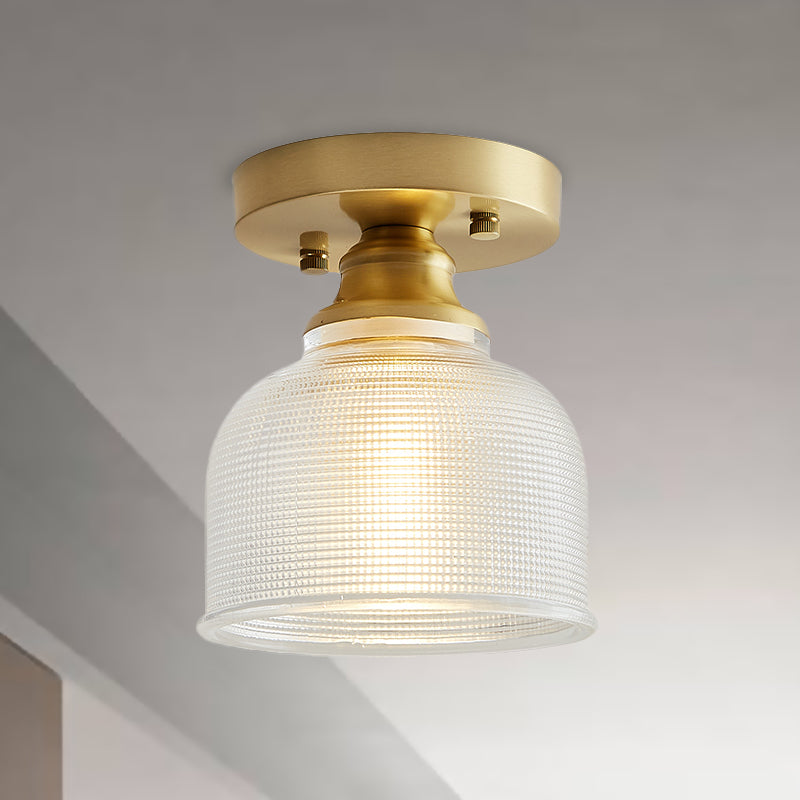 One Light Dome Semi Flush Light Industrial Brass Prismatic Glass Lighting Fixture for Living Room Clearhalo 'Ceiling Lights' 'Close To Ceiling Lights' 'Close to ceiling' 'Glass shade' 'Glass' 'Semi-flushmount' Lighting' 767264