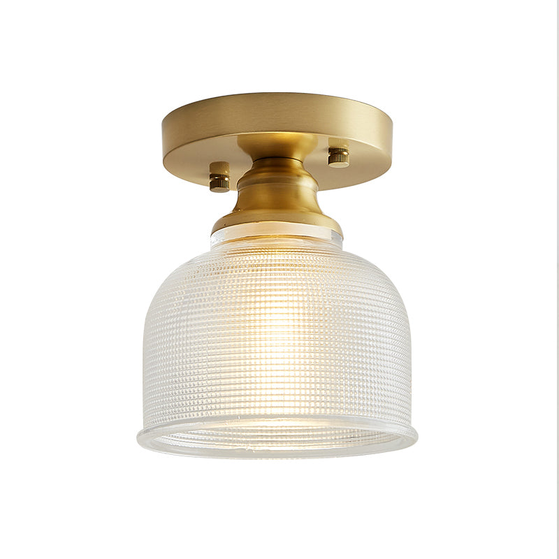 One Light Dome Semi Flush Light Industrial Brass Prismatic Glass Lighting Fixture for Living Room Clearhalo 'Ceiling Lights' 'Close To Ceiling Lights' 'Close to ceiling' 'Glass shade' 'Glass' 'Semi-flushmount' Lighting' 767265