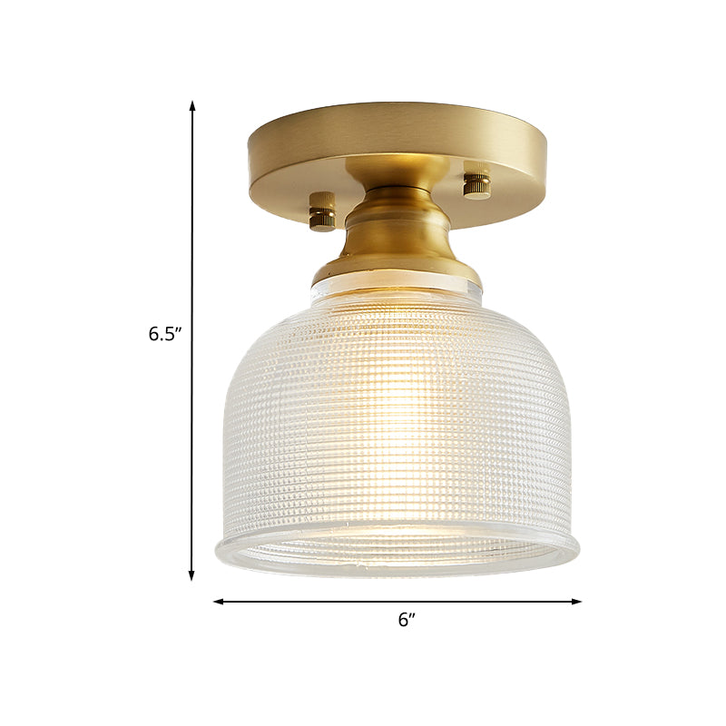 One Light Dome Semi Flush Light Industrial Brass Prismatic Glass Lighting Fixture for Living Room Clearhalo 'Ceiling Lights' 'Close To Ceiling Lights' 'Close to ceiling' 'Glass shade' 'Glass' 'Semi-flushmount' Lighting' 767266