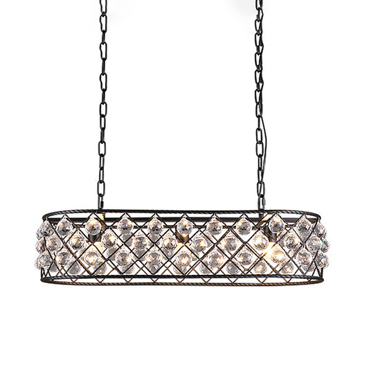 3 Lights Island Lighting Vintage Industrial Oblong Caged Iron Hanging Ceiling Light with Clear Crystal Ball Deco in Black Clearhalo 'Ceiling Lights' 'Island Lights' Lighting' 767275