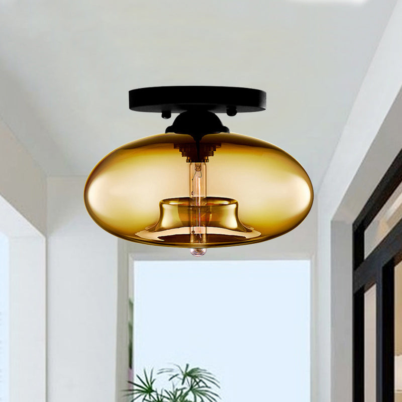 1 Light Ceiling Light Fixture with Oval Shade Red/Brown/Blue Glass Industrial Living Room Semi Flush in Black Clearhalo 'Ceiling Lights' 'Close To Ceiling Lights' 'Close to ceiling' 'Flush mount' 'Industrial Flush Mount' Lighting' 767283