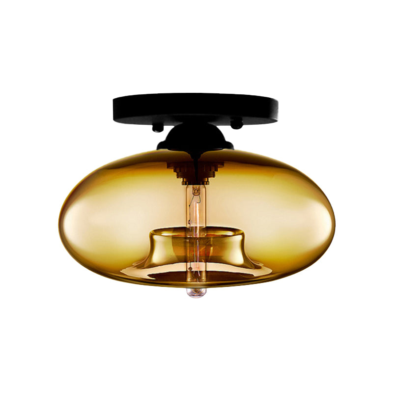 1 Light Ceiling Light Fixture with Oval Shade Red/Brown/Blue Glass Industrial Living Room Semi Flush in Black Clearhalo 'Ceiling Lights' 'Close To Ceiling Lights' 'Close to ceiling' 'Flush mount' 'Industrial Flush Mount' Lighting' 767285