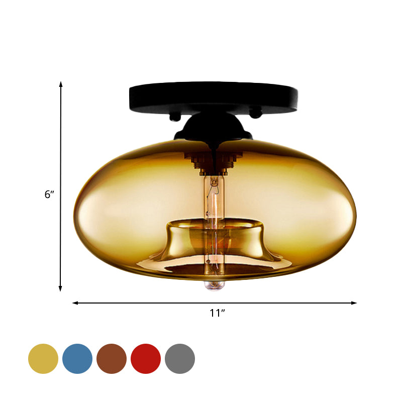 1 Light Ceiling Light Fixture with Oval Shade Red/Brown/Blue Glass Industrial Living Room Semi Flush in Black Clearhalo 'Ceiling Lights' 'Close To Ceiling Lights' 'Close to ceiling' 'Flush mount' 'Industrial Flush Mount' Lighting' 767286