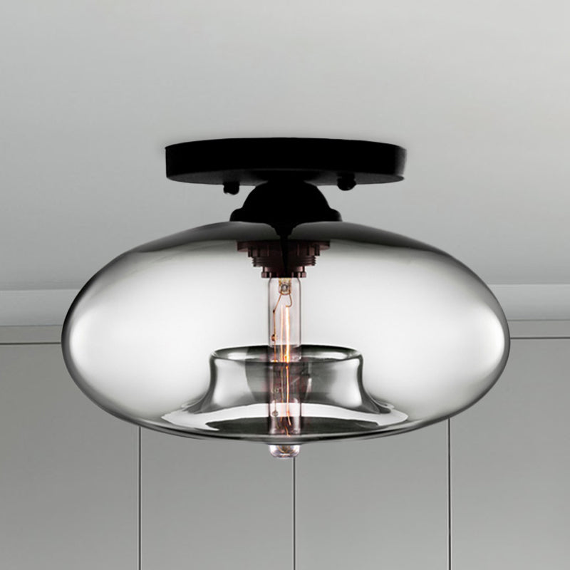1 Light Ceiling Light Fixture with Oval Shade Red/Brown/Blue Glass Industrial Living Room Semi Flush in Black Grey Clearhalo 'Ceiling Lights' 'Close To Ceiling Lights' 'Close to ceiling' 'Flush mount' 'Industrial Flush Mount' Lighting' 767287