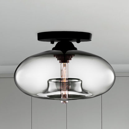 1 Light Ceiling Light Fixture with Oval Shade Red/Brown/Blue Glass Industrial Living Room Semi Flush in Black Grey Clearhalo 'Ceiling Lights' 'Close To Ceiling Lights' 'Close to ceiling' 'Flush mount' 'Industrial Flush Mount' Lighting' 767287