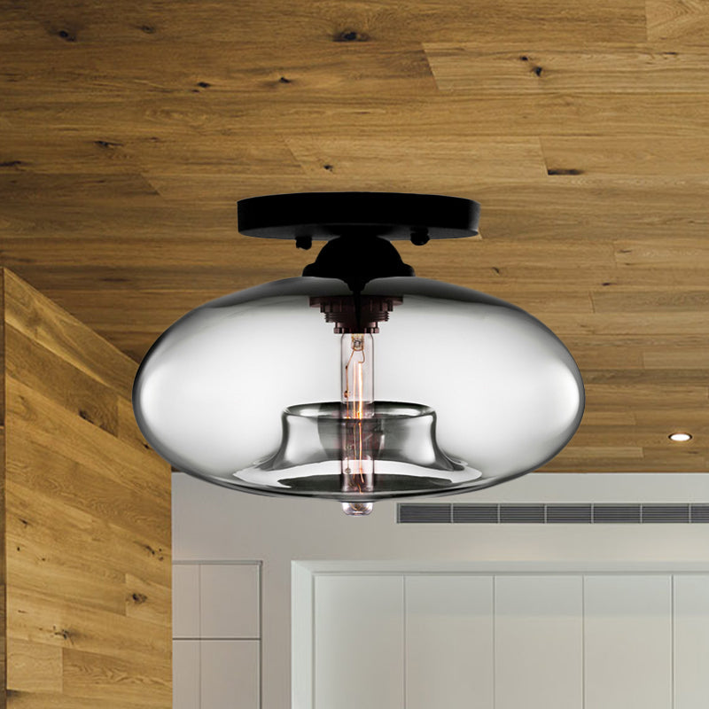 1 Light Ceiling Light Fixture with Oval Shade Red/Brown/Blue Glass Industrial Living Room Semi Flush in Black Clearhalo 'Ceiling Lights' 'Close To Ceiling Lights' 'Close to ceiling' 'Flush mount' 'Industrial Flush Mount' Lighting' 767288