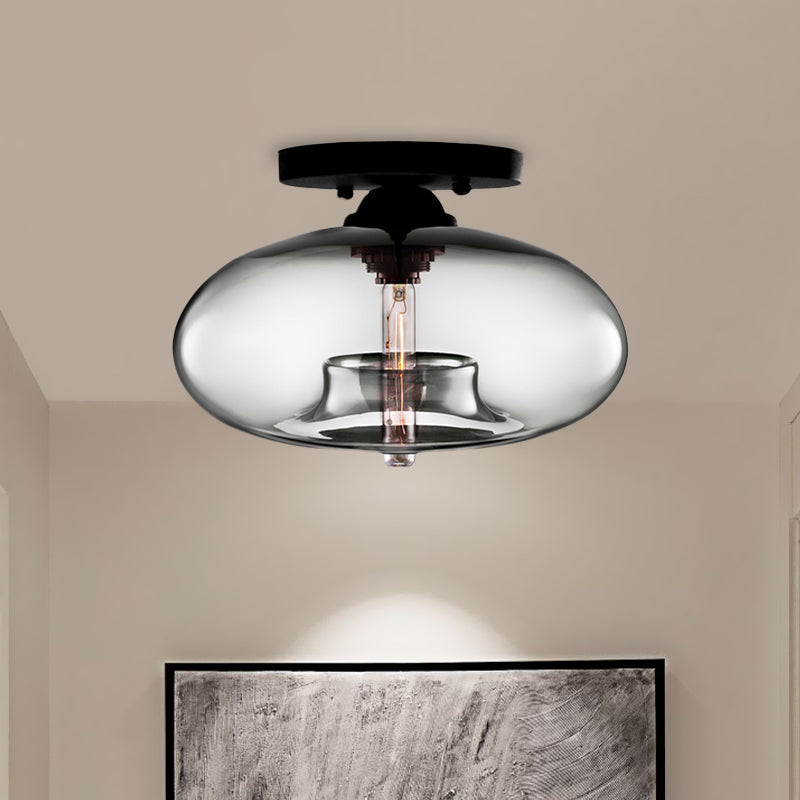 1 Light Ceiling Light Fixture with Oval Shade Red/Brown/Blue Glass Industrial Living Room Semi Flush in Black Clearhalo 'Ceiling Lights' 'Close To Ceiling Lights' 'Close to ceiling' 'Flush mount' 'Industrial Flush Mount' Lighting' 767289