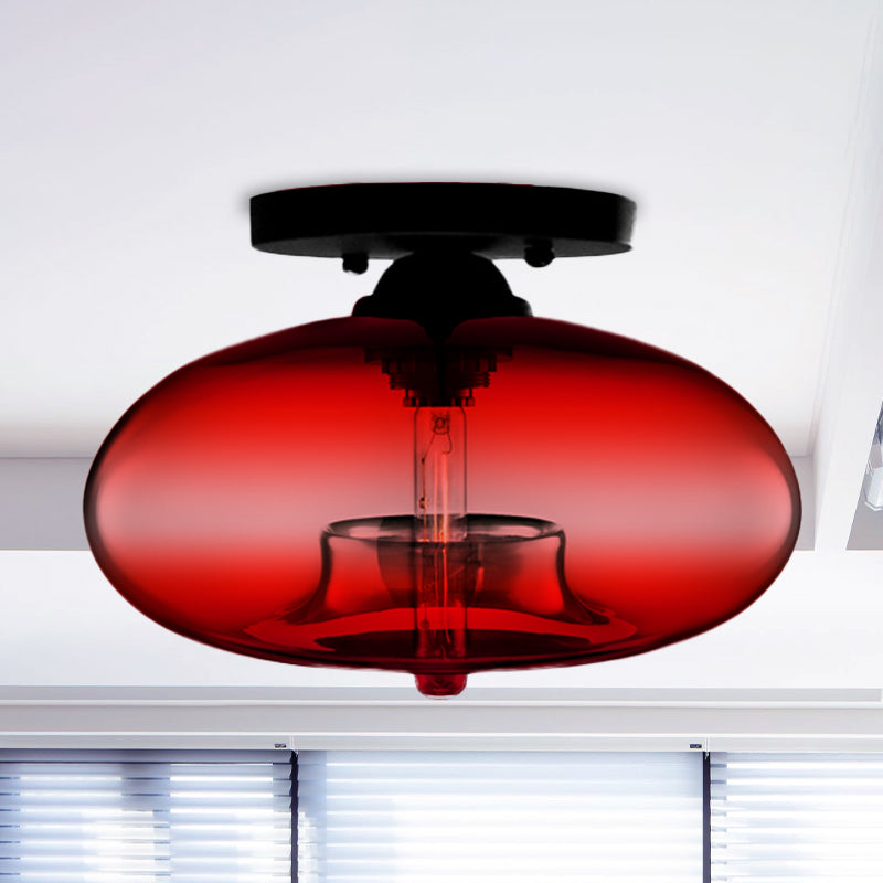 1 Light Ceiling Light Fixture with Oval Shade Red/Brown/Blue Glass Industrial Living Room Semi Flush in Black Red Clearhalo 'Ceiling Lights' 'Close To Ceiling Lights' 'Close to ceiling' 'Flush mount' 'Industrial Flush Mount' Lighting' 767291