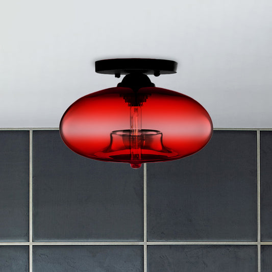 1 Light Ceiling Light Fixture with Oval Shade Red/Brown/Blue Glass Industrial Living Room Semi Flush in Black Clearhalo 'Ceiling Lights' 'Close To Ceiling Lights' 'Close to ceiling' 'Flush mount' 'Industrial Flush Mount' Lighting' 767292