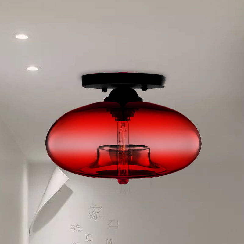 1 Light Ceiling Light Fixture with Oval Shade Red/Brown/Blue Glass Industrial Living Room Semi Flush in Black Clearhalo 'Ceiling Lights' 'Close To Ceiling Lights' 'Close to ceiling' 'Flush mount' 'Industrial Flush Mount' Lighting' 767293