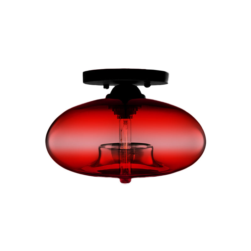 1 Light Ceiling Light Fixture with Oval Shade Red/Brown/Blue Glass Industrial Living Room Semi Flush in Black Clearhalo 'Ceiling Lights' 'Close To Ceiling Lights' 'Close to ceiling' 'Flush mount' 'Industrial Flush Mount' Lighting' 767294