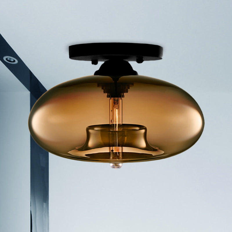 1 Light Ceiling Light Fixture with Oval Shade Red/Brown/Blue Glass Industrial Living Room Semi Flush in Black Brown Clearhalo 'Ceiling Lights' 'Close To Ceiling Lights' 'Close to ceiling' 'Flush mount' 'Industrial Flush Mount' Lighting' 767295