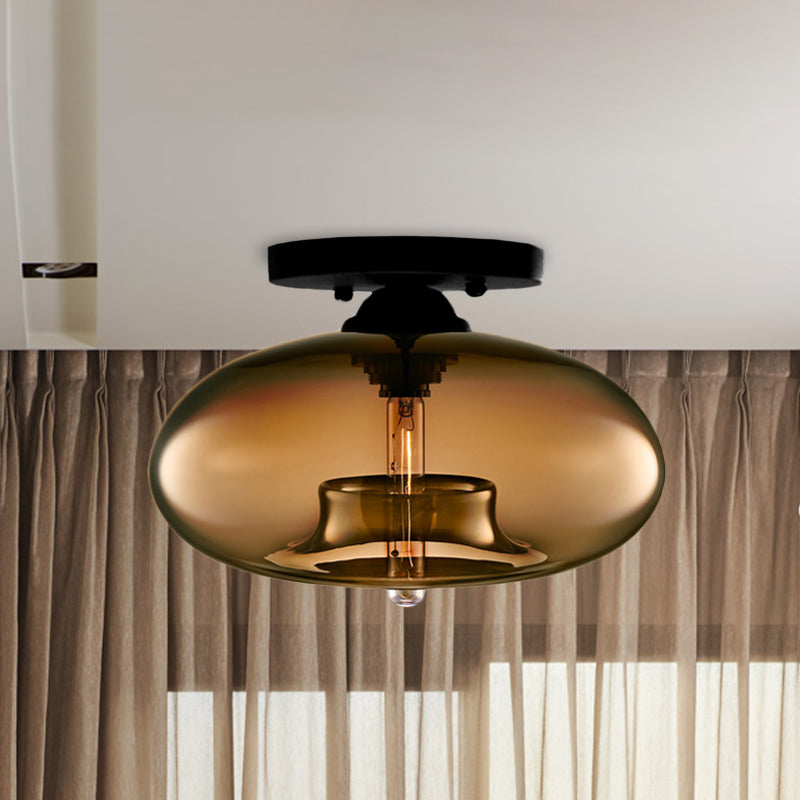 1 Light Ceiling Light Fixture with Oval Shade Red/Brown/Blue Glass Industrial Living Room Semi Flush in Black Clearhalo 'Ceiling Lights' 'Close To Ceiling Lights' 'Close to ceiling' 'Flush mount' 'Industrial Flush Mount' Lighting' 767296