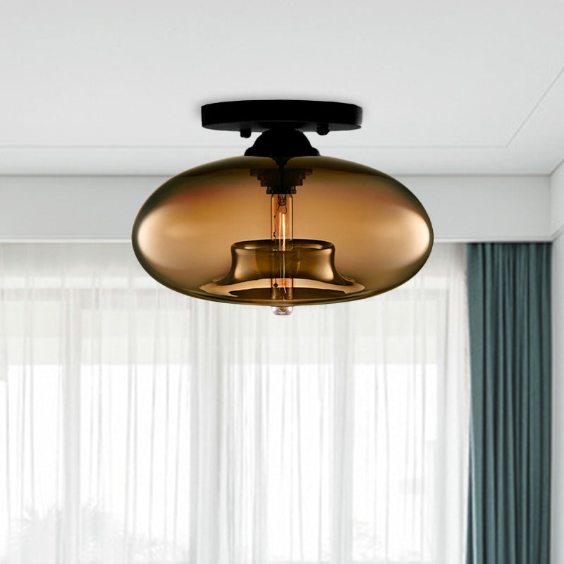 1 Light Ceiling Light Fixture with Oval Shade Red/Brown/Blue Glass Industrial Living Room Semi Flush in Black Clearhalo 'Ceiling Lights' 'Close To Ceiling Lights' 'Close to ceiling' 'Flush mount' 'Industrial Flush Mount' Lighting' 767297