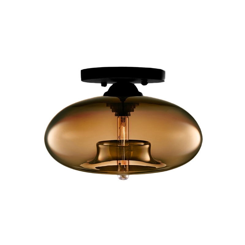 1 Light Ceiling Light Fixture with Oval Shade Red/Brown/Blue Glass Industrial Living Room Semi Flush in Black Clearhalo 'Ceiling Lights' 'Close To Ceiling Lights' 'Close to ceiling' 'Flush mount' 'Industrial Flush Mount' Lighting' 767298