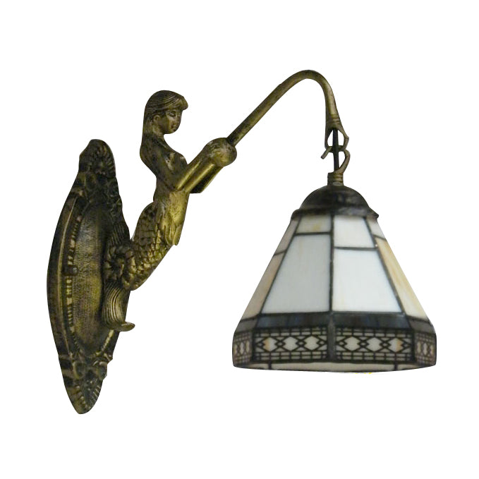 Cone Wall Light Fixture 1 Head Blue/Green/Amber Glass Tiffany Sconce Light with Mermaid Backplate Clearhalo 'Industrial' 'Middle century wall lights' 'Tiffany wall lights' 'Tiffany' 'Wall Lamps & Sconces' 'Wall Lights' Lighting' 7673
