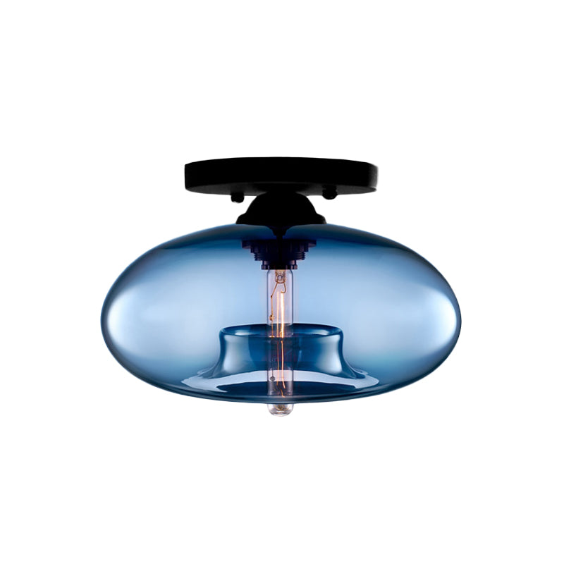 1 Light Ceiling Light Fixture with Oval Shade Red/Brown/Blue Glass Industrial Living Room Semi Flush in Black Clearhalo 'Ceiling Lights' 'Close To Ceiling Lights' 'Close to ceiling' 'Flush mount' 'Industrial Flush Mount' Lighting' 767302