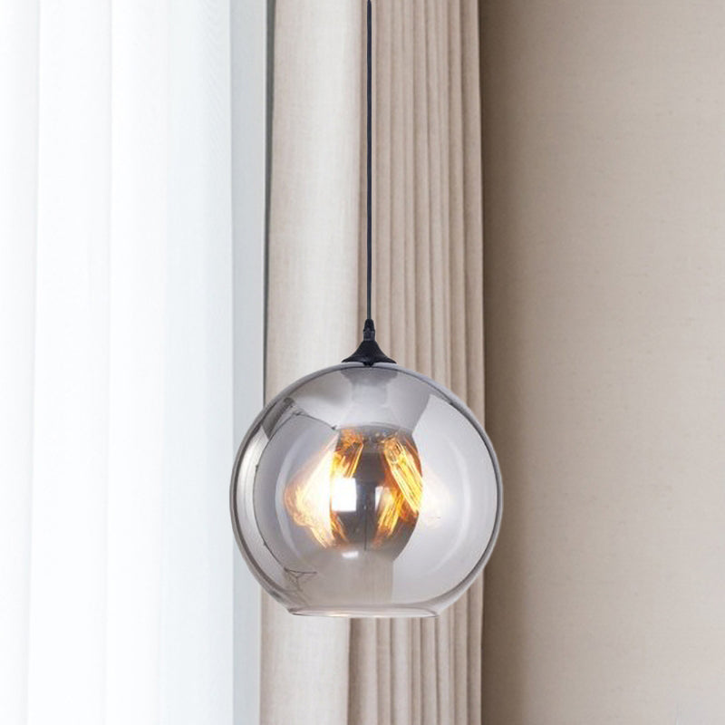 Industrial Globe Pendant Lighting 1 Light Grey Glass Hanging Light Fixture in Black for Indoor Clearhalo 'Ceiling Lights' 'Glass shade' 'Glass' 'Industrial Pendants' 'Industrial' 'Island Lights' 'Middle Century Pendants' 'Pendant Lights' 'Pendants' 'Tiffany' Lighting' 767323