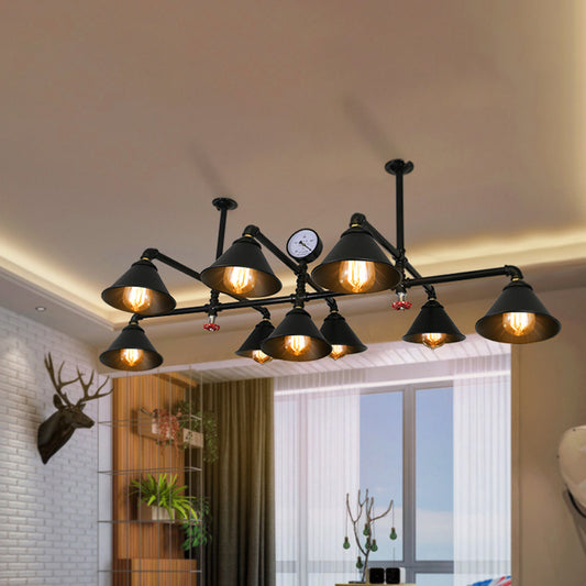 Cone Shade Iron Chandelier Light Fixture Industrial 9 Lights Living Room Pendant Light with Gauge in Black Clearhalo 'Cast Iron' 'Ceiling Lights' 'Chandeliers' 'Industrial Chandeliers' 'Industrial' 'Metal' 'Middle Century Chandeliers' 'Rustic Chandeliers' 'Tiffany' Lighting' 767347