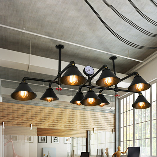 Cone Shade Iron Chandelier Light Fixture Industrial 9 Lights Living Room Pendant Light with Gauge in Black Clearhalo 'Cast Iron' 'Ceiling Lights' 'Chandeliers' 'Industrial Chandeliers' 'Industrial' 'Metal' 'Middle Century Chandeliers' 'Rustic Chandeliers' 'Tiffany' Lighting' 767348