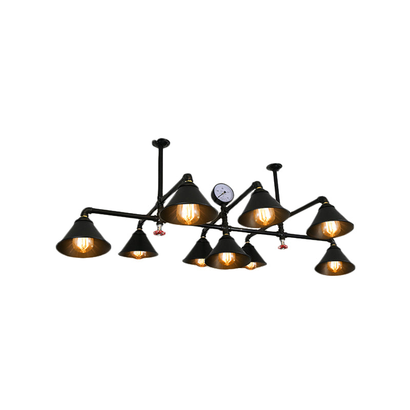 Cone Shade Iron Chandelier Light Fixture Industrial 9 Lights Living Room Pendant Light with Gauge in Black Clearhalo 'Cast Iron' 'Ceiling Lights' 'Chandeliers' 'Industrial Chandeliers' 'Industrial' 'Metal' 'Middle Century Chandeliers' 'Rustic Chandeliers' 'Tiffany' Lighting' 767349