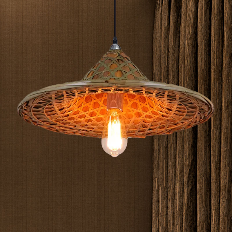 Rustic Hat Shaped Hanging Light Bamboo Shade 1 Light Pendant Lamp over Dining Table Beige 19" Clearhalo 'Ceiling Lights' 'Pendant Lights' 'Pendants' Lighting' 767394_fe7b1868-9209-4518-894c-094e9663ea44