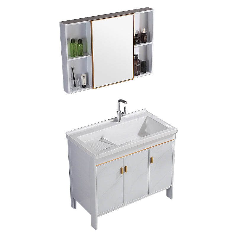 Freestanding White Vanity Rectangular Metal Frame Mirror Single Sink Bath Vanity with Door Vanity & Faucet & Mirror Cabinet Clearhalo 'Bathroom Remodel & Bathroom Fixtures' 'Bathroom Vanities' 'bathroom_vanities' 'Home Improvement' 'home_improvement' 'home_improvement_bathroom_vanities' 7678633