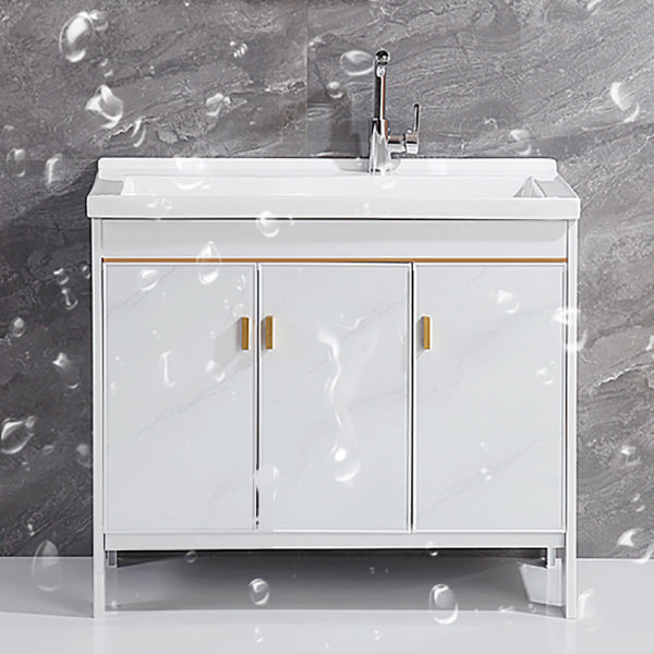 Freestanding White Vanity Rectangular Metal Frame Mirror Single Sink Bath Vanity with Door Clearhalo 'Bathroom Remodel & Bathroom Fixtures' 'Bathroom Vanities' 'bathroom_vanities' 'Home Improvement' 'home_improvement' 'home_improvement_bathroom_vanities' 7678634