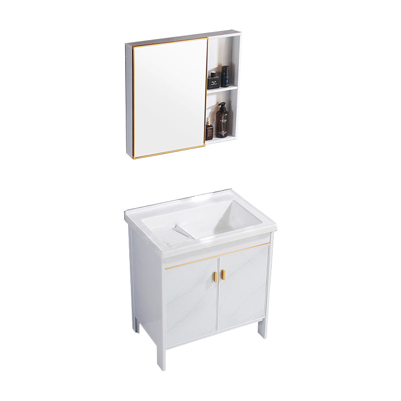 Freestanding White Vanity Rectangular Metal Frame Mirror Single Sink Bath Vanity with Door Vanity & Mirror Cabinet Clearhalo 'Bathroom Remodel & Bathroom Fixtures' 'Bathroom Vanities' 'bathroom_vanities' 'Home Improvement' 'home_improvement' 'home_improvement_bathroom_vanities' 7678636