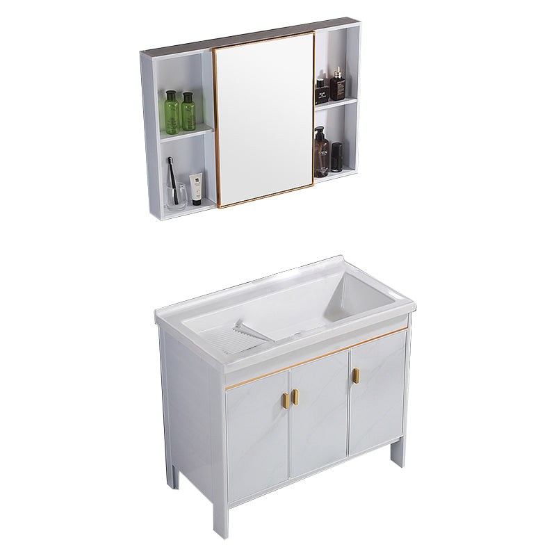 Freestanding White Vanity Rectangular Metal Frame Mirror Single Sink Bath Vanity with Door Vanity & Mirror Cabinet Clearhalo 'Bathroom Remodel & Bathroom Fixtures' 'Bathroom Vanities' 'bathroom_vanities' 'Home Improvement' 'home_improvement' 'home_improvement_bathroom_vanities' 7678637