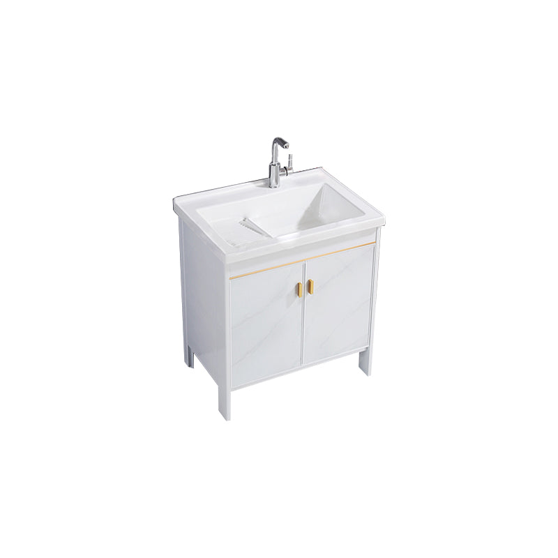 Freestanding White Vanity Rectangular Metal Frame Mirror Single Sink Bath Vanity with Door Vanity & Faucet Clearhalo 'Bathroom Remodel & Bathroom Fixtures' 'Bathroom Vanities' 'bathroom_vanities' 'Home Improvement' 'home_improvement' 'home_improvement_bathroom_vanities' 7678639