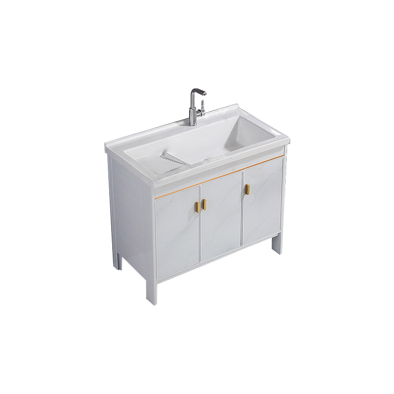 Freestanding White Vanity Rectangular Metal Frame Mirror Single Sink Bath Vanity with Door Vanity & Faucet Clearhalo 'Bathroom Remodel & Bathroom Fixtures' 'Bathroom Vanities' 'bathroom_vanities' 'Home Improvement' 'home_improvement' 'home_improvement_bathroom_vanities' 7678641